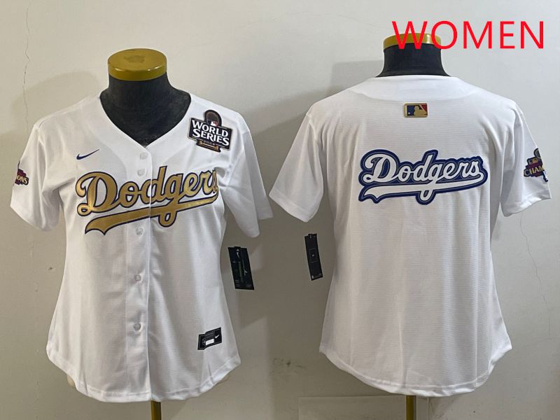 Women Los Angeles Dodgers Blank White Champion gold character 2025 Nike MLB Jersey style 15
